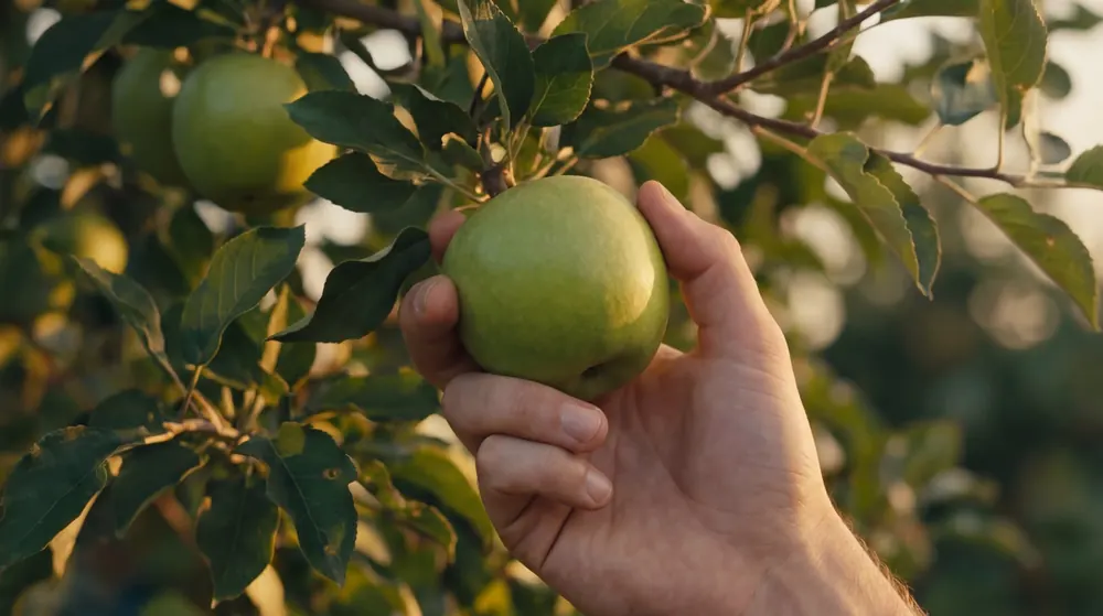 Mano tomando una manzana verde del árbol